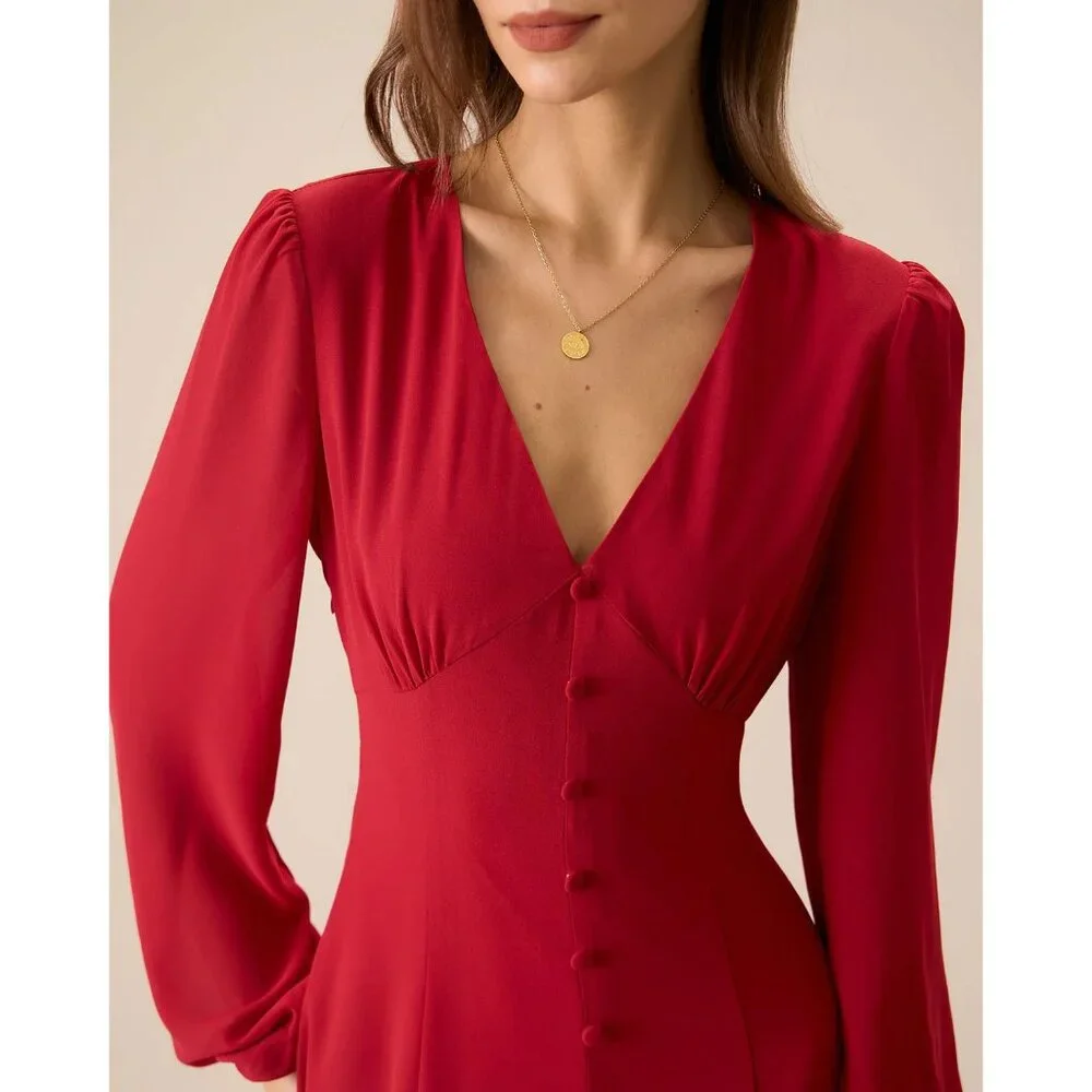 RIHOAS Women's Red V-Neck Puff Sleeve Slit Midi Dress NEW size Medium - Picture 5 of 14